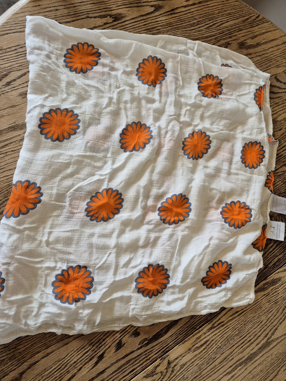 aden + anais White Swaddle Blanket with Orange and Dark Gray Floral Accents